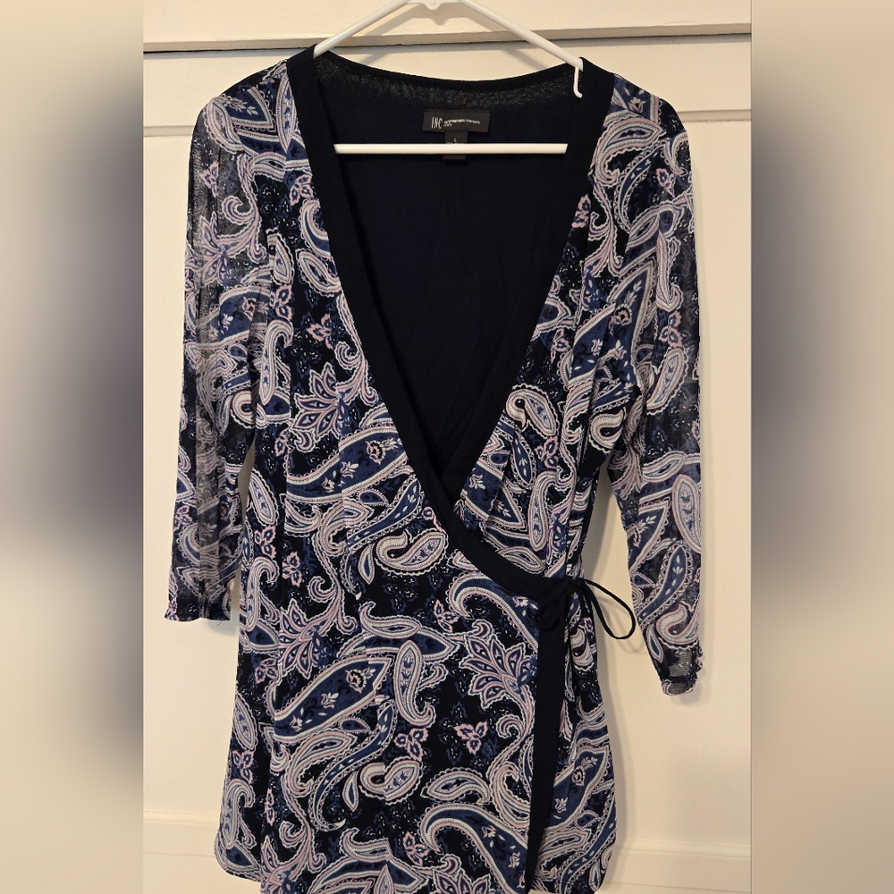 INC International Concepts Navy and White Paisley Wrap Blouse